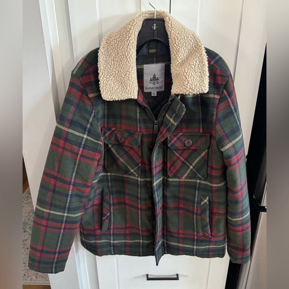 Rainforest Green and Red Plaid Jacket with Sherpa Collar